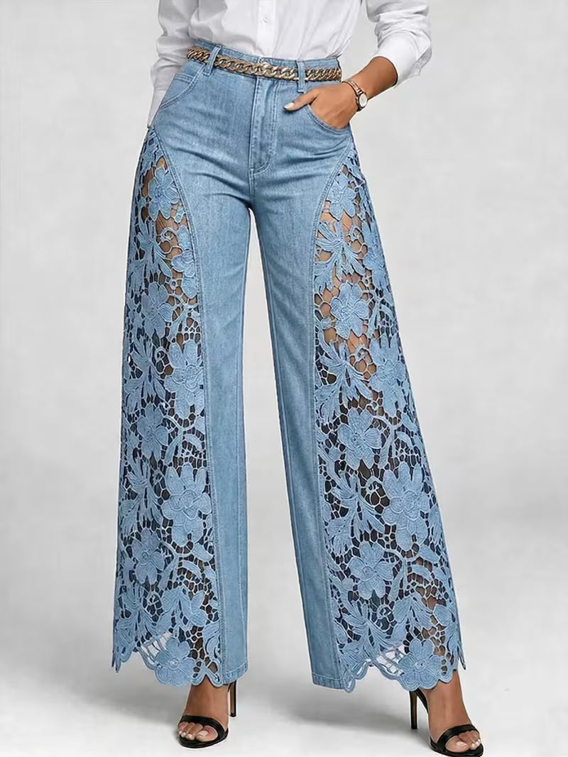 High-Waisted Wide-Leg Pants for Women, Spring/Summer Fashionable and Versatile, Hollow Lace Patchwork Denim Draped Pants for Women