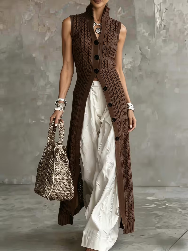 Elegant Cable Long Vest for Women – Sleeveless Stand-Up Collar Single-Breasted Design, Loose And Suitable for Spring, Summer And Autumn Layering