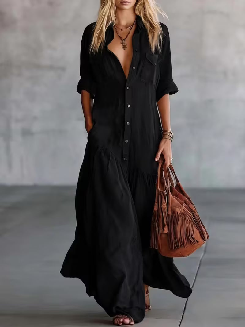 Womens Sexy Retro Shirt Dress Summer Button Maxi Dress Stretchy Slim Fit Long Dress Elegant Linen Feel Big Hem Sun Dress French Style Beach Vacation Outfits Fashion Casual Flowy Party Dress with Pockets for Ladies Chic Holiday Gown