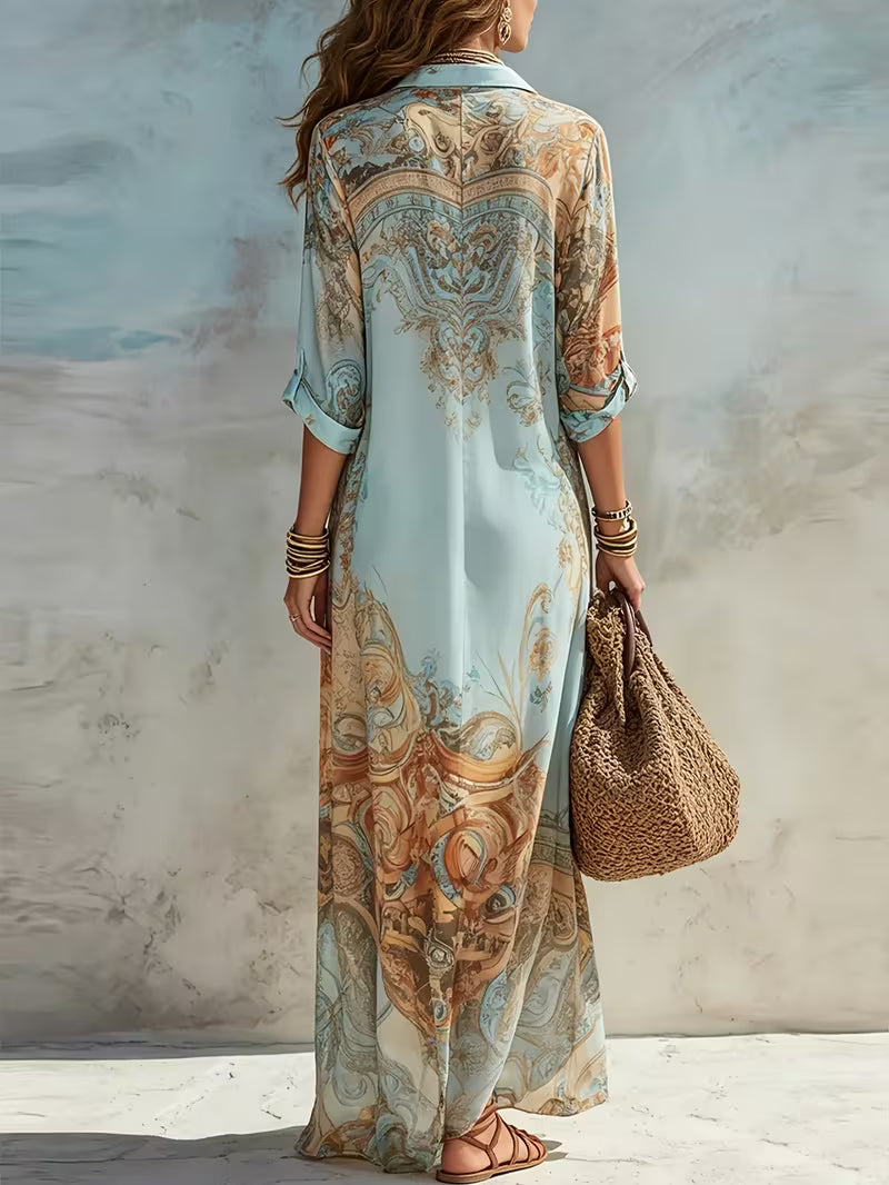 Casual Random Printed Lapel Button Long Slim-Fit Dress