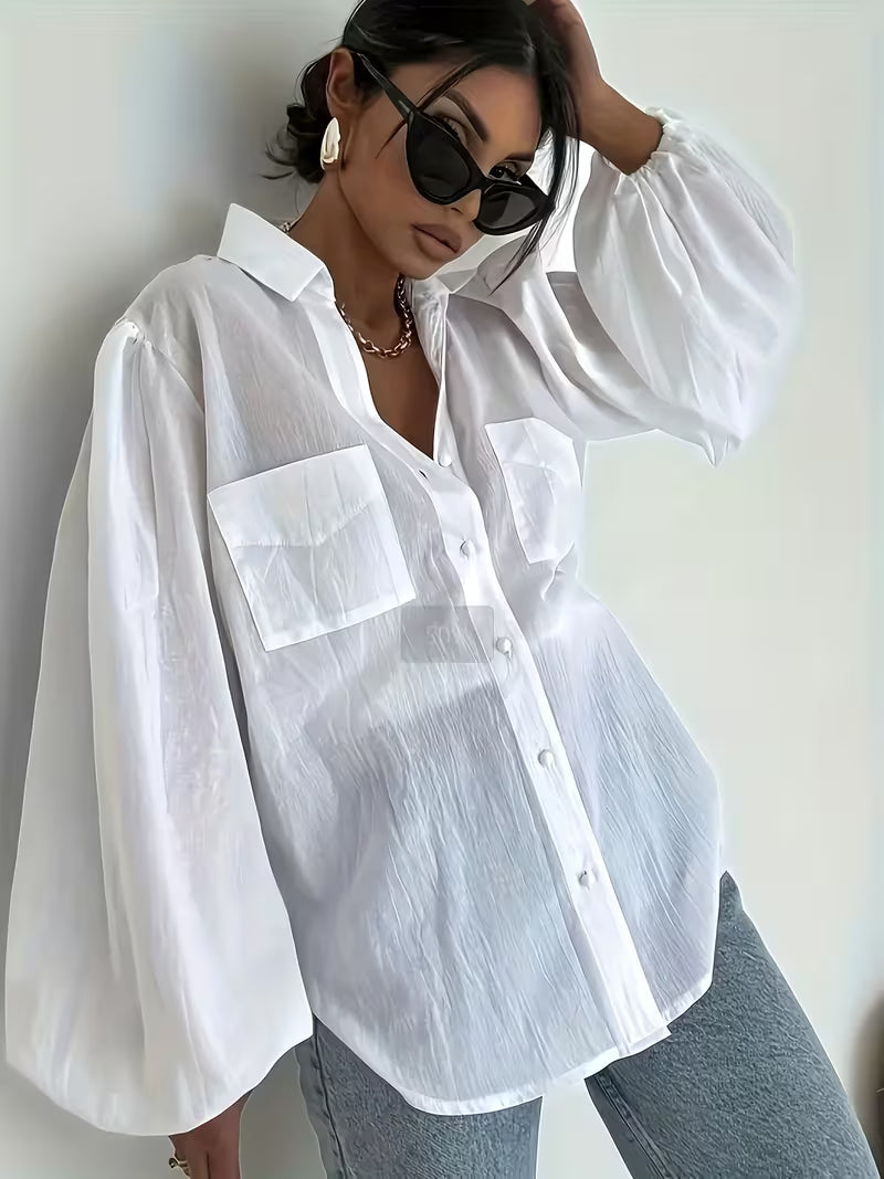 Women'S Elegant Blouse - White Stand-Up Collar Semi-Formal Top, Suitable for Daily And Formal Wear, Machine Washable Versatile Solid Classic Button-Up Shirt, Convenient Care Fabric