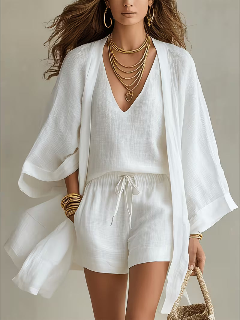 3pcs Set Women's Loose Summer Cardigan + V-neck Halter Top + Drawstring Shorts -