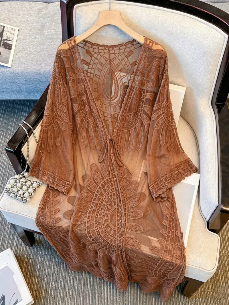 Women's Beach Bikini Cover-Up, Mesh Embroidered Hollow-Out Tie-Up Long Cardigan, Bohemian Style Thin Outerwear Vacation Top