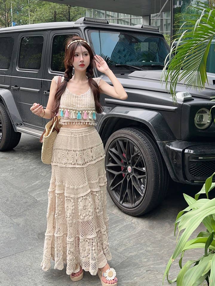 Boho Chic Crochet Lace Midi Skirt