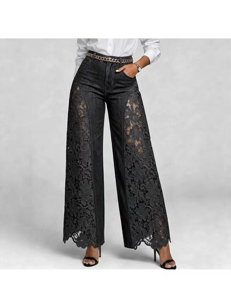 High-Waisted Wide-Leg Pants for Women, Spring/Summer Fashionable and Versatile, Hollow Lace Patchwork Denim Draped Pants for Women