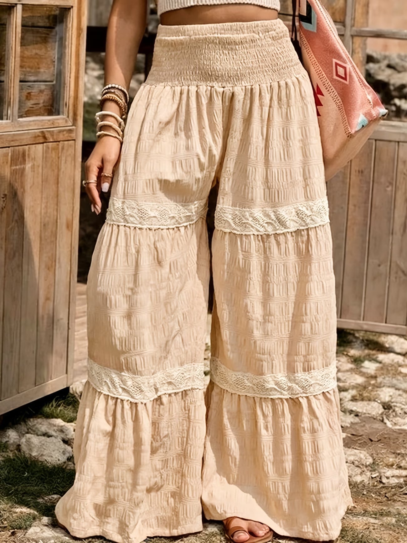 Vacation-style Women's High-waist Wide-leg Pants, Featuring Textured Fabric and Ruffle Detailing, Suitable for Spring and Summer Wear