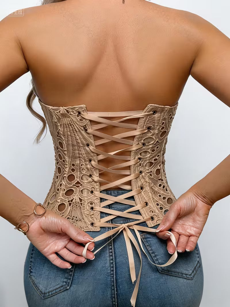Corset-Style Shaping Underwear with Irregular Lace, Fishbone Design, And Mesh Patchwork Print