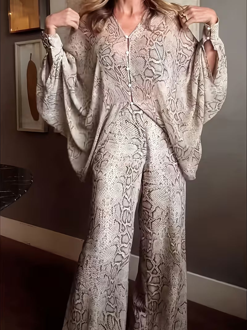 Urban Elegant Casual Chiffon Printed Bat-sleeved Top with Snake Pattern Flower Back Waist Rubber Straightaway Pants, Suitable for Multiple Occasions