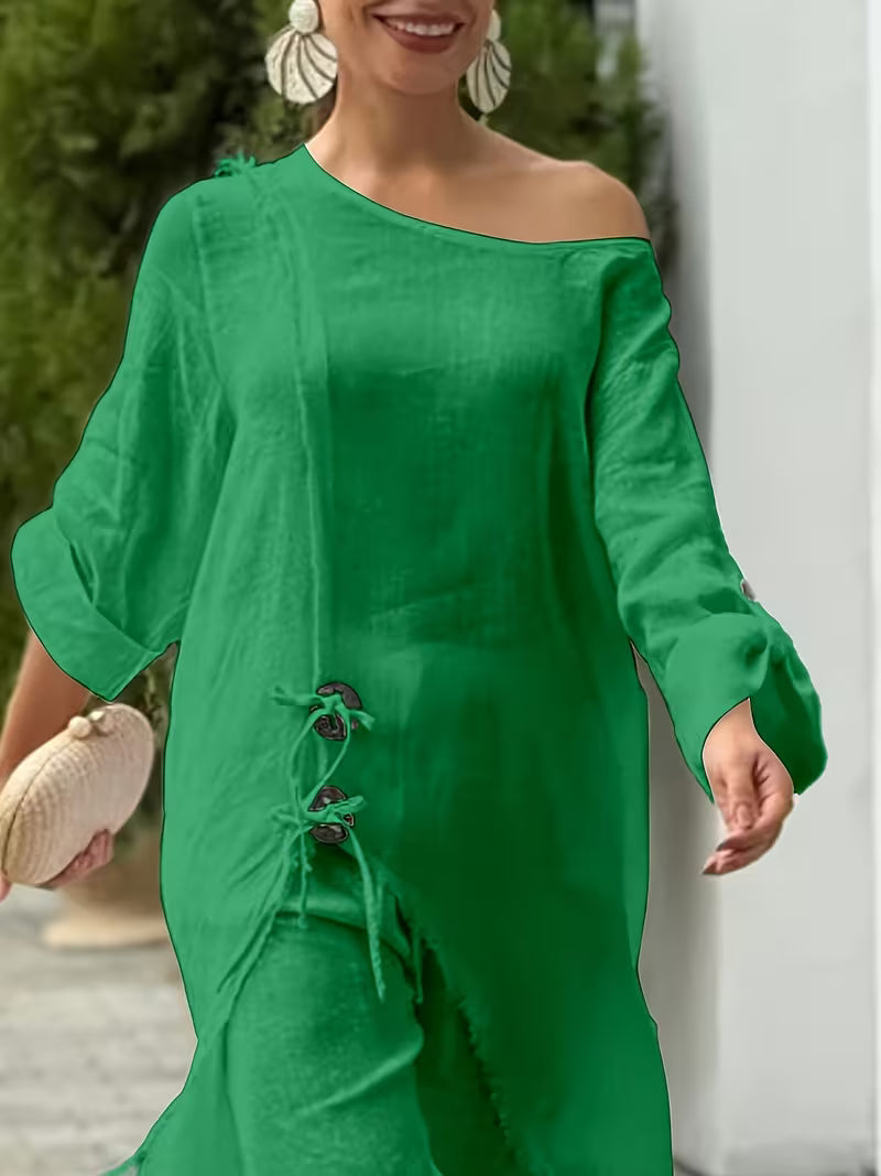 2pcs Strapless Long Sleeve Top And Wide Leg Pants Set