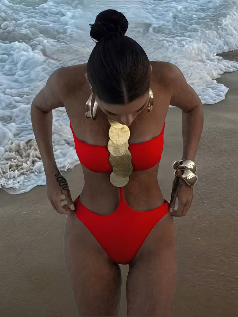 Women'S Sexy Solid Neck Sequin One-Piece Swimsuit