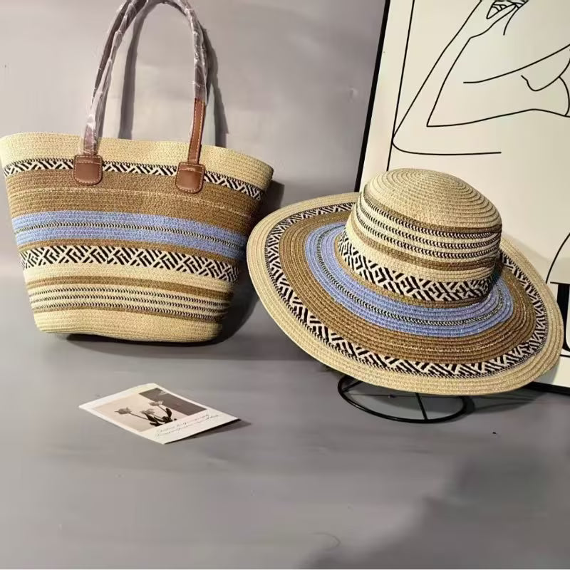 2pcs Set of Straw Hat and Woven Bag for Vacation Style, Sun Hat and Fashionable Tote Bag Set