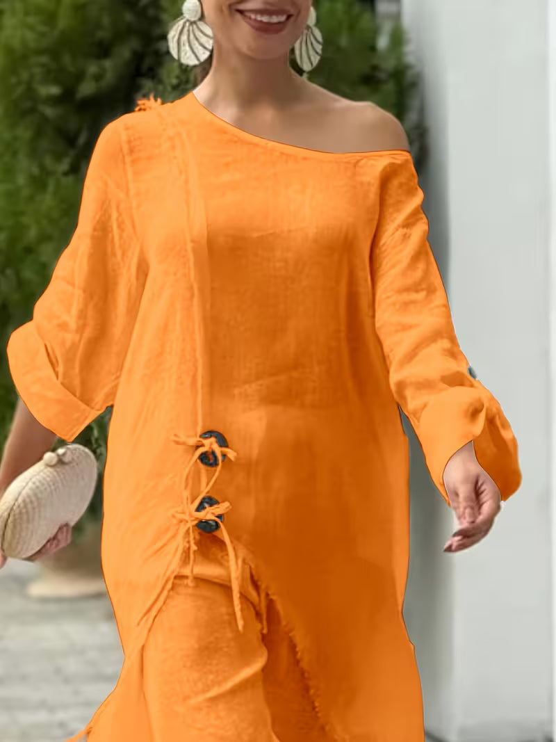 2pcs Strapless Long Sleeve Top And Wide Leg Pants Set
