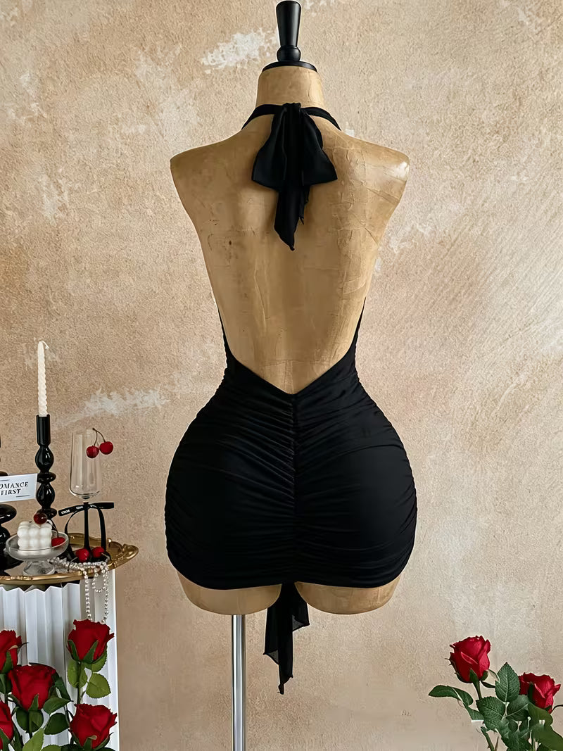 Sexy Women'S Ruffle Backless Halter Neck Slim Mini Dress