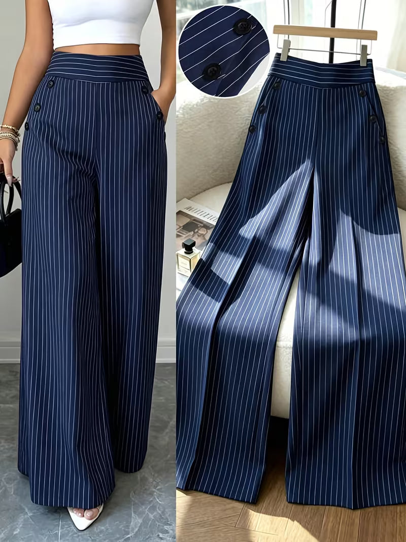 Women'S New Trousers Spring And Summer Fashion Easy Elegant Blue And White Striped Trousers, High Waist Straight Loose Casual Women'S Pants