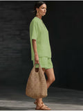 Pure Casual Double-Breasted Shirt with Turn- Collar, Two-Piece Casual Suit. Loose And Comfortable, Suitable for Daily Outings, Home Wear, And Commuting. Versatile Casual Outfit.