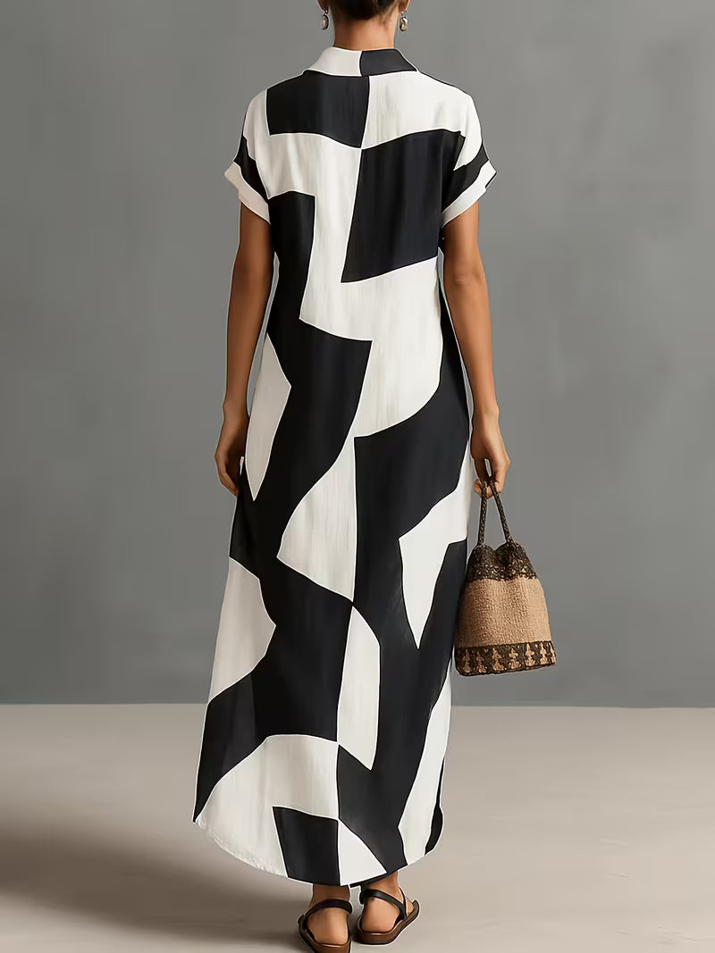 Women's Irregular Geometric Print Lapel Short Sleeve Long Shirt Dress