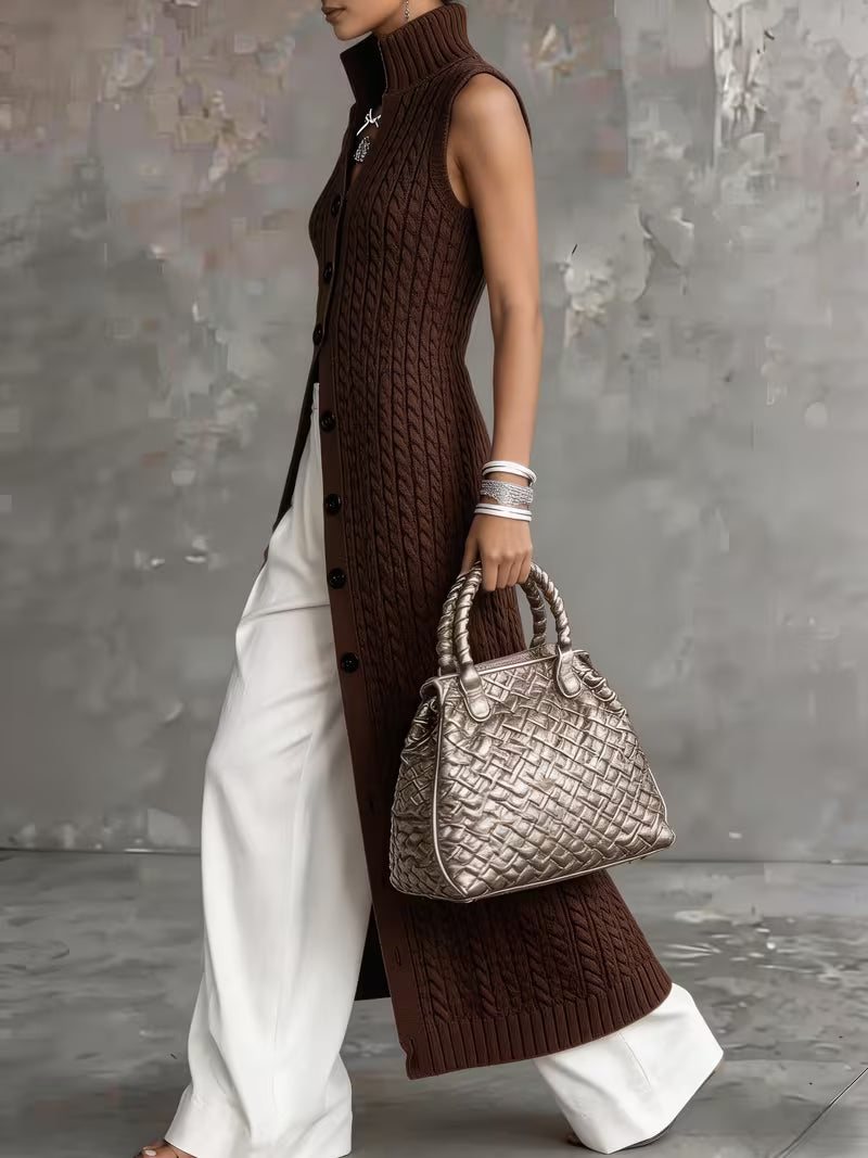 Elegant Cable Long Vest for Women – Sleeveless Stand-Up Collar Single-Breasted Design, Loose And Suitable for Spring, Summer And Autumn Layering