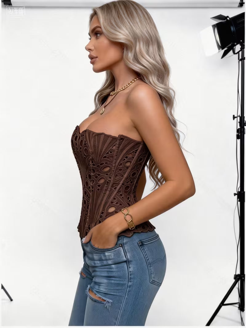 Corset-Style Shaping Underwear with Irregular Lace, Fishbone Design, And Mesh Patchwork Print
