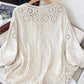 Women's Retro Korean Style V-Neck Lace Cardigan - Hollow-Out Detail, Loose Fit Lightweight Jacket for Spring Summer Fall, Solid Color Versatile Layering Top