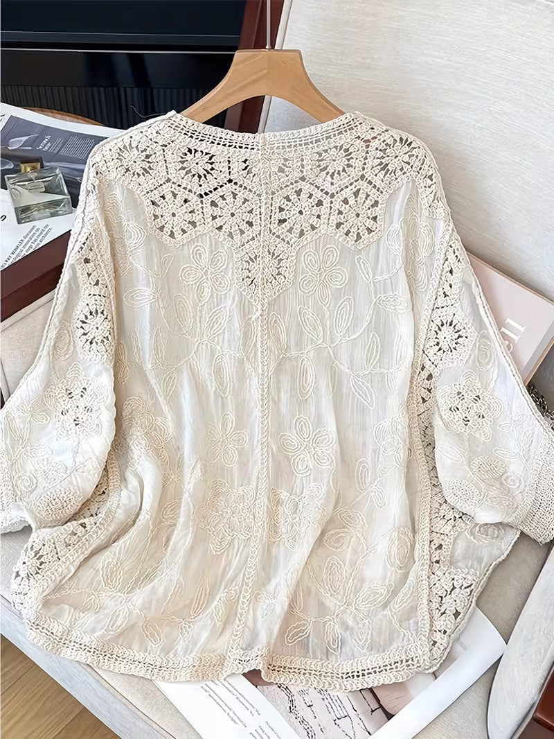 Women's Retro Korean Style V-Neck Lace Cardigan - Hollow-Out Detail, Loose Fit Lightweight Jacket for Spring Summer Fall, Solid Color Versatile Layering Top