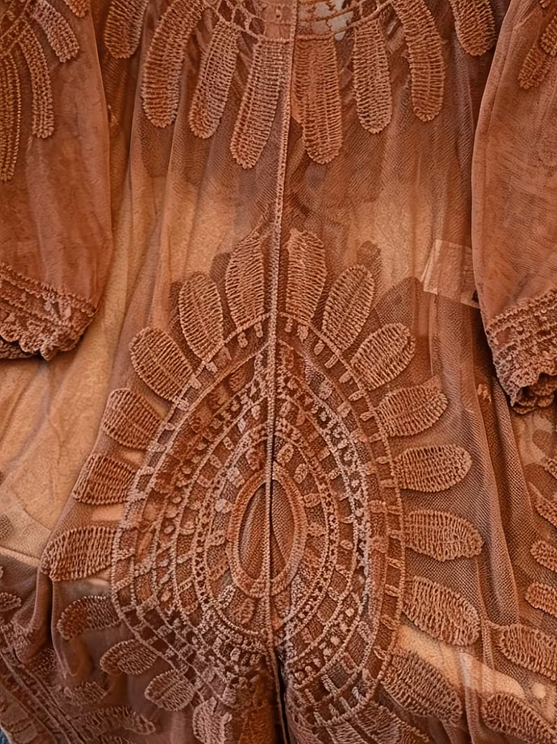 Women's Beach Bikini Cover-Up, Mesh Embroidered Hollow-Out Tie-Up Long Cardigan, Bohemian Style Thin Outerwear Vacation Top
