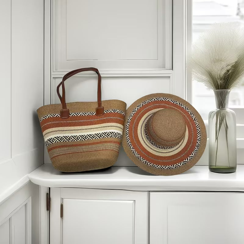 2pcs Set of Straw Hat and Woven Bag for Vacation Style, Sun Hat and Fashionable Tote Bag Set