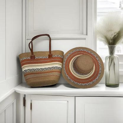 2pcs Set of Straw Hat and Woven Bag for Vacation Style, Sun Hat and Fashionable Tote Bag Set