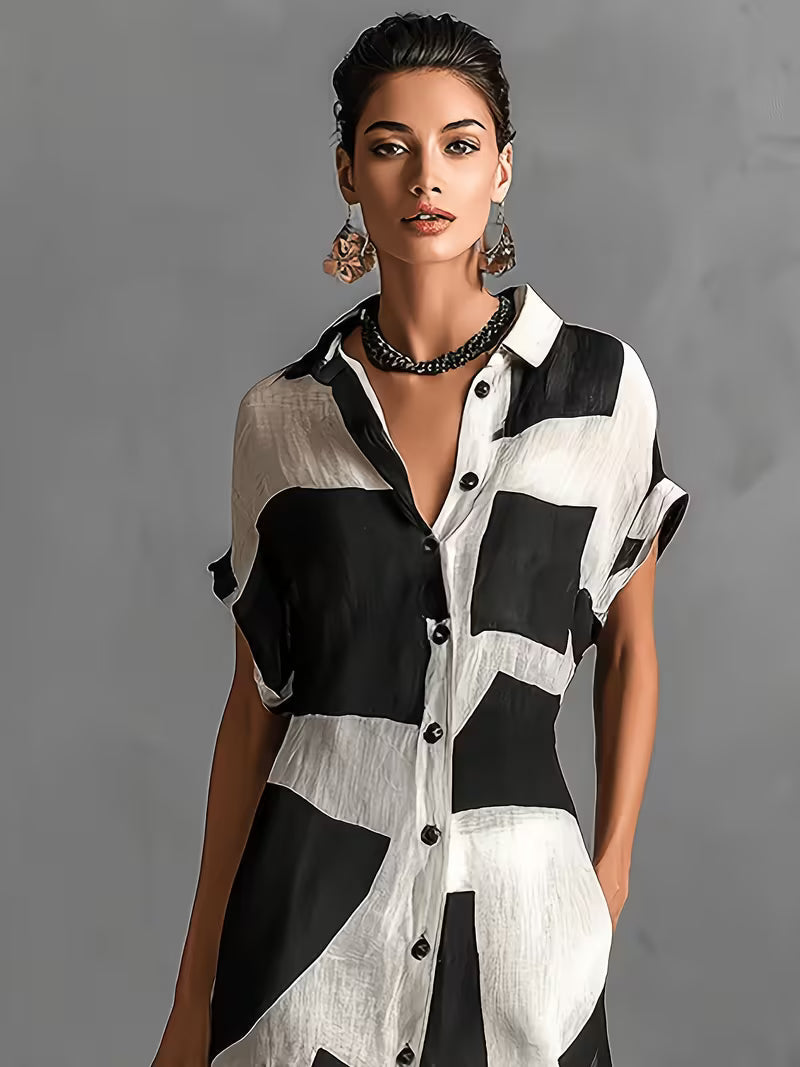 Women's Irregular Geometric Print Lapel Short Sleeve Long Shirt Dress