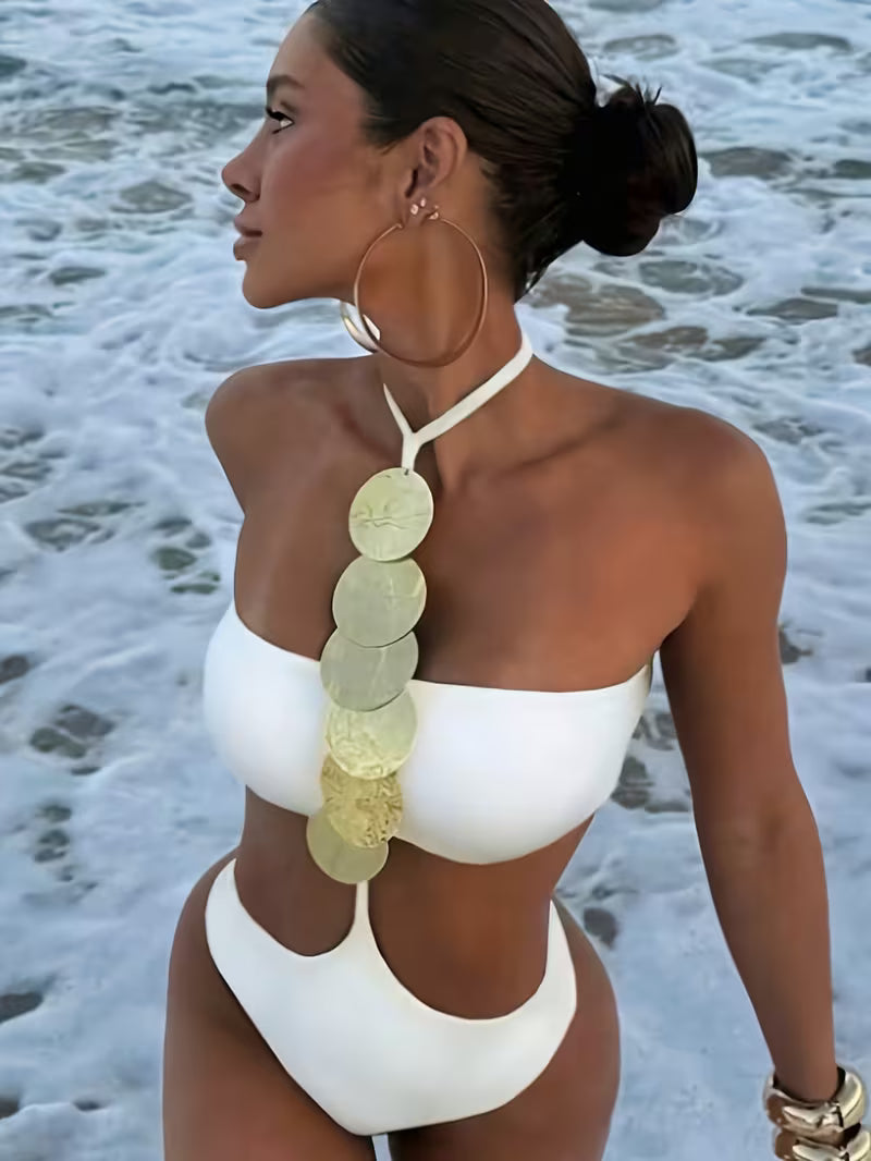 Women'S Sexy Solid Neck Sequin One-Piece Swimsuit