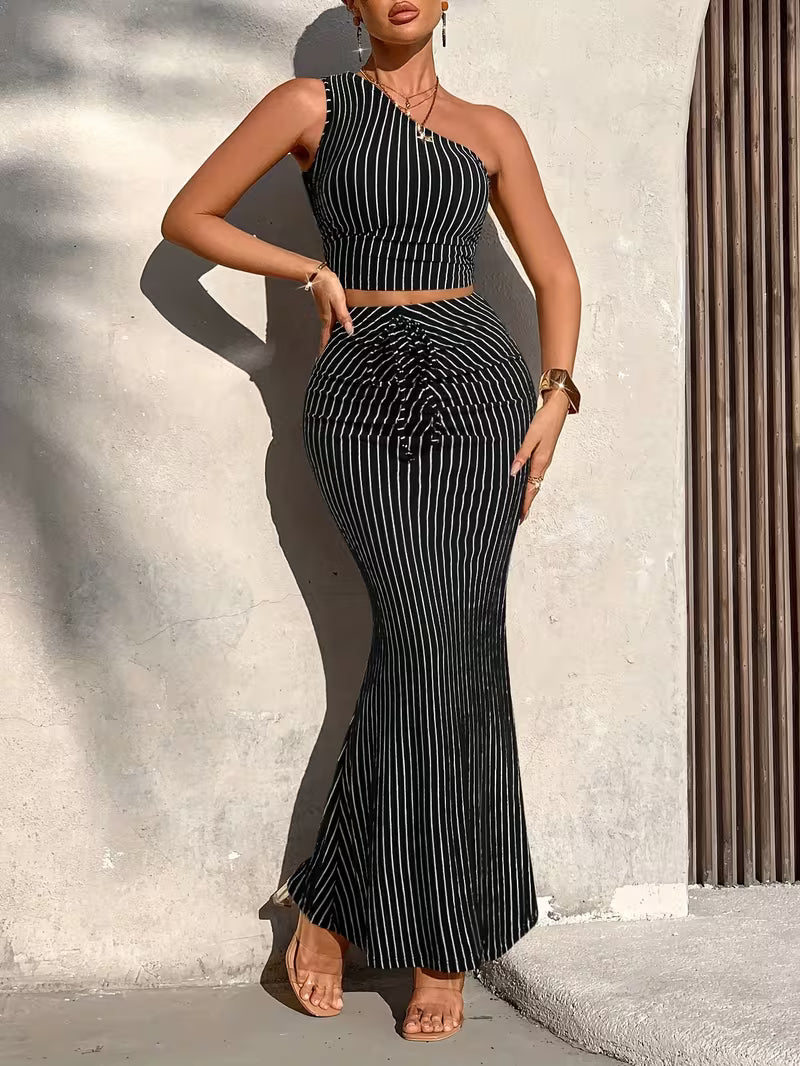 Women'S Summer Casual Striped Off-Shoulder Ruffled Short Top And Ruffled Mermaid Skirt 2pcs Set
