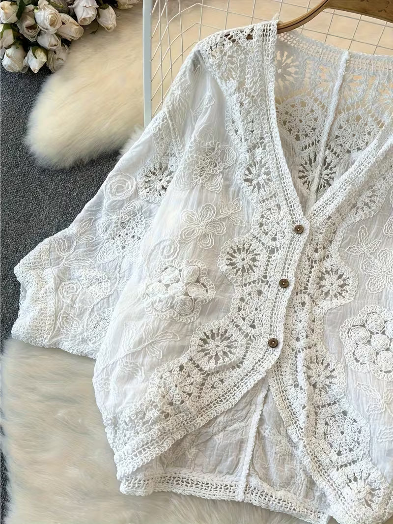 Women's Retro Korean Style V-Neck Lace Cardigan - Hollow-Out Detail, Loose Fit Lightweight Jacket for Spring Summer Fall, Solid Color Versatile Layering Top