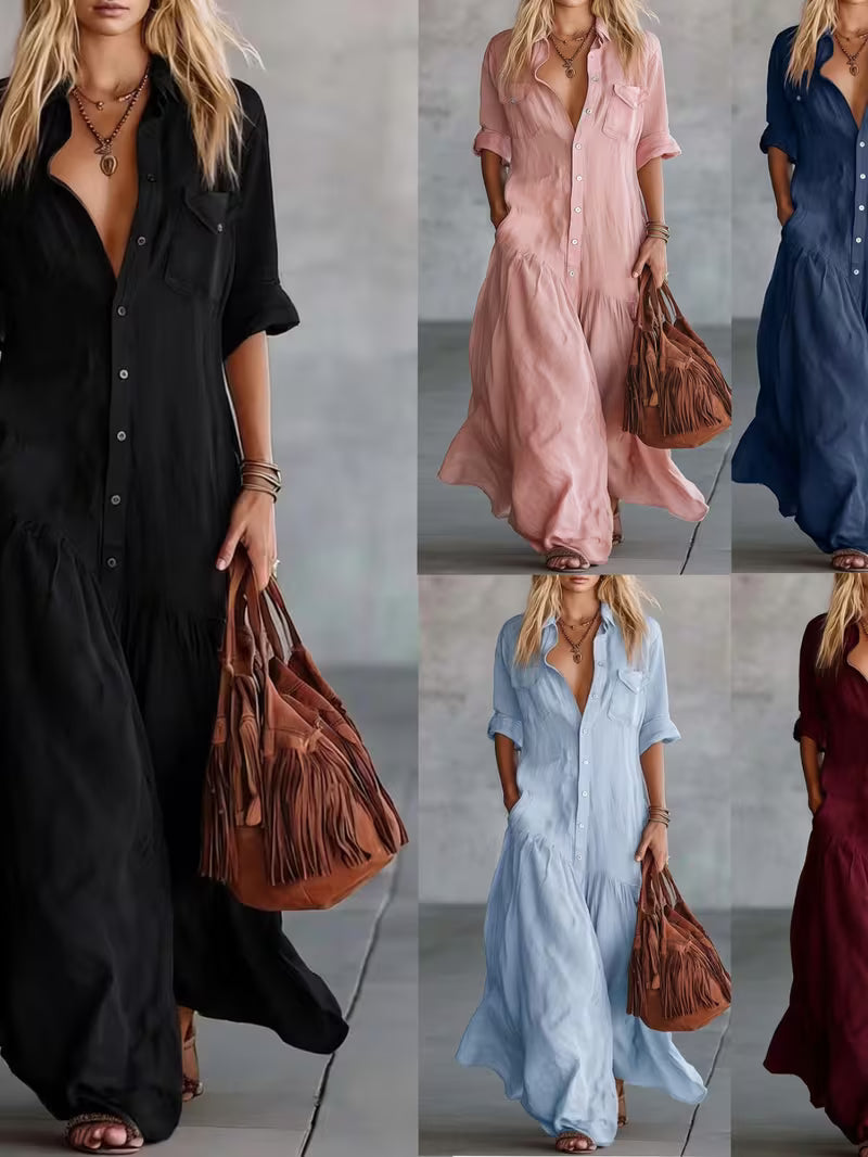 Womens Sexy Retro Shirt Dress Summer Button Maxi Dress Stretchy Slim Fit Long Dress Elegant Linen Feel Big Hem Sun Dress French Style Beach Vacation Outfits Fashion Casual Flowy Party Dress with Pockets for Ladies Chic Holiday Gown