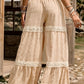 Vacation-style Women's High-waist Wide-leg Pants, Featuring Textured Fabric and Ruffle Detailing, Suitable for Spring and Summer Wear