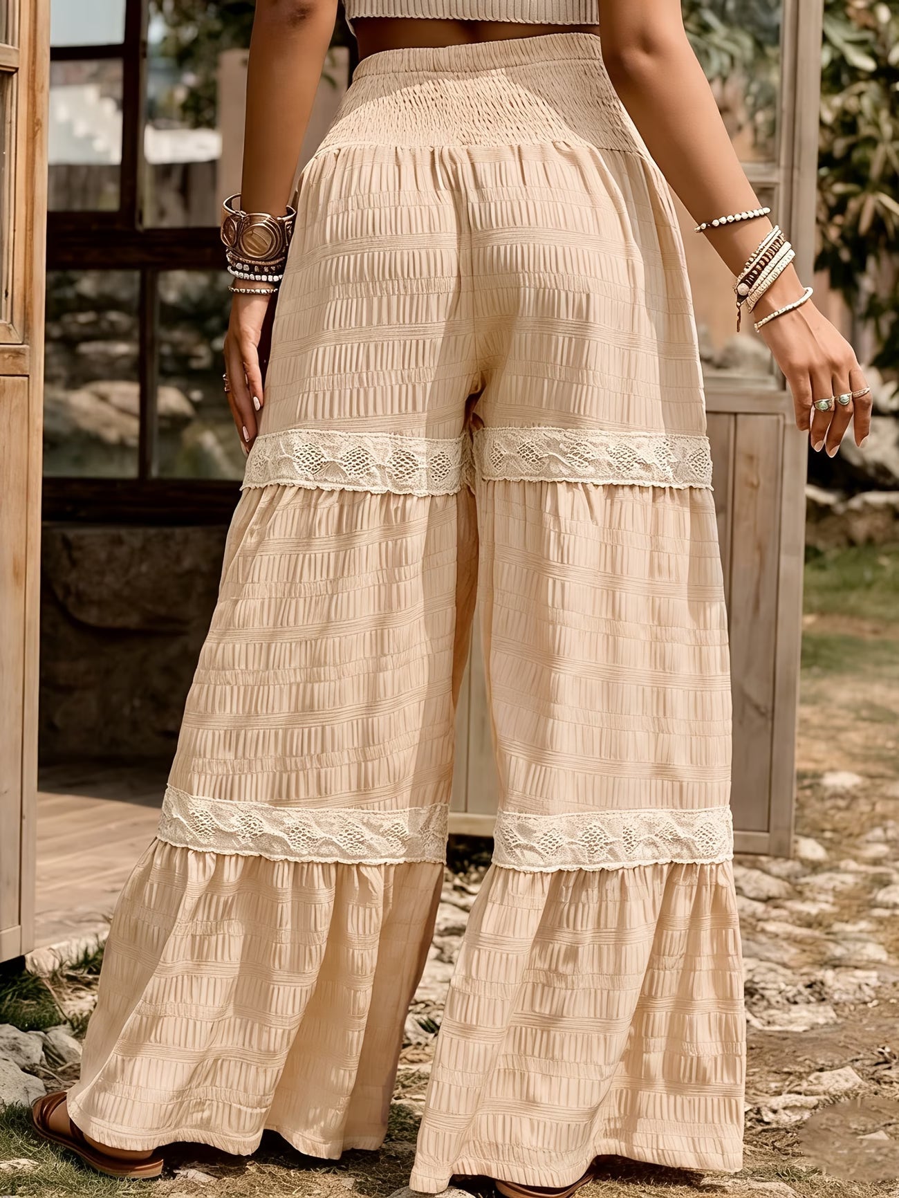 Vacation-style Women's High-waist Wide-leg Pants, Featuring Textured Fabric and Ruffle Detailing, Suitable for Spring and Summer Wear