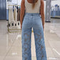 Guipure Lace Spliced High Waist Zipper Fly Wide Leg Washed Jeans