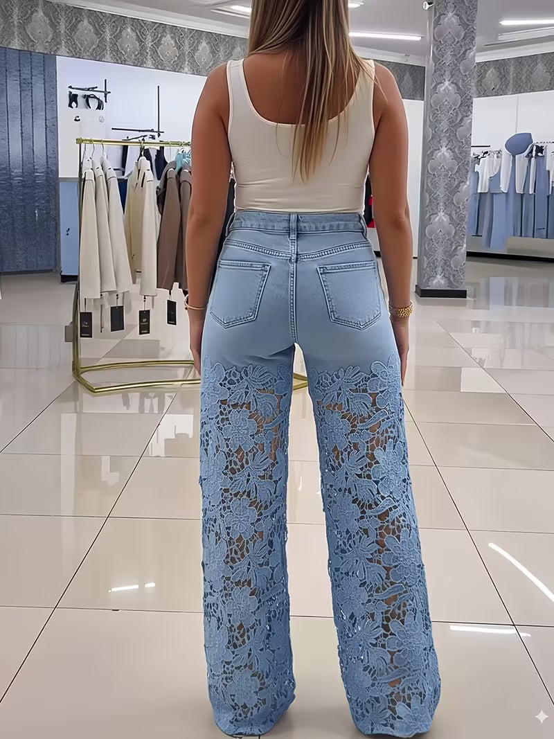 Guipure Lace Spliced High Waist Zipper Fly Wide Leg Washed Jeans