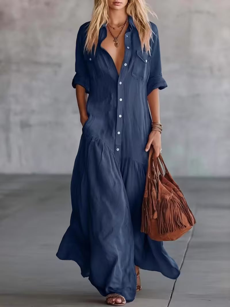 Womens Sexy Retro Shirt Dress Summer Button Maxi Dress Stretchy Slim Fit Long Dress Elegant Linen Feel Big Hem Sun Dress French Style Beach Vacation Outfits Fashion Casual Flowy Party Dress with Pockets for Ladies Chic Holiday Gown