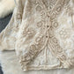 Women's Retro Korean Style V-Neck Lace Cardigan - Hollow-Out Detail, Loose Fit Lightweight Jacket for Spring Summer Fall, Solid Color Versatile Layering Top