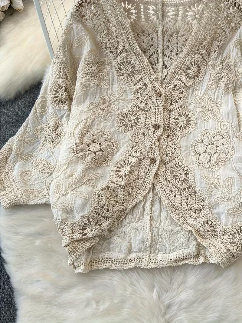 Women's Retro Korean Style V-Neck Lace Cardigan - Hollow-Out Detail, Loose Fit Lightweight Jacket for Spring Summer Fall, Solid Color Versatile Layering Top