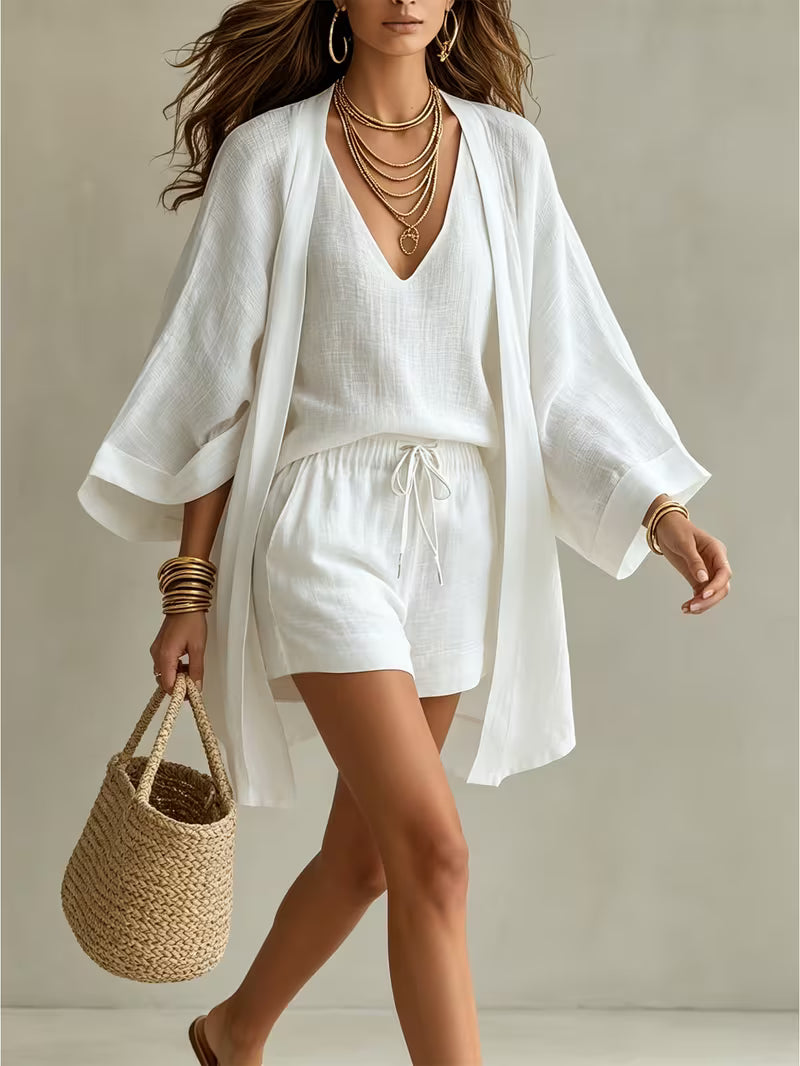 3pcs Set Women's Loose Summer Cardigan + V-neck Halter Top + Drawstring Shorts -