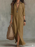 Women'S Summer Solid Lapel 3/4 Sleeve Midi Dress Front Split Casual Long Dress