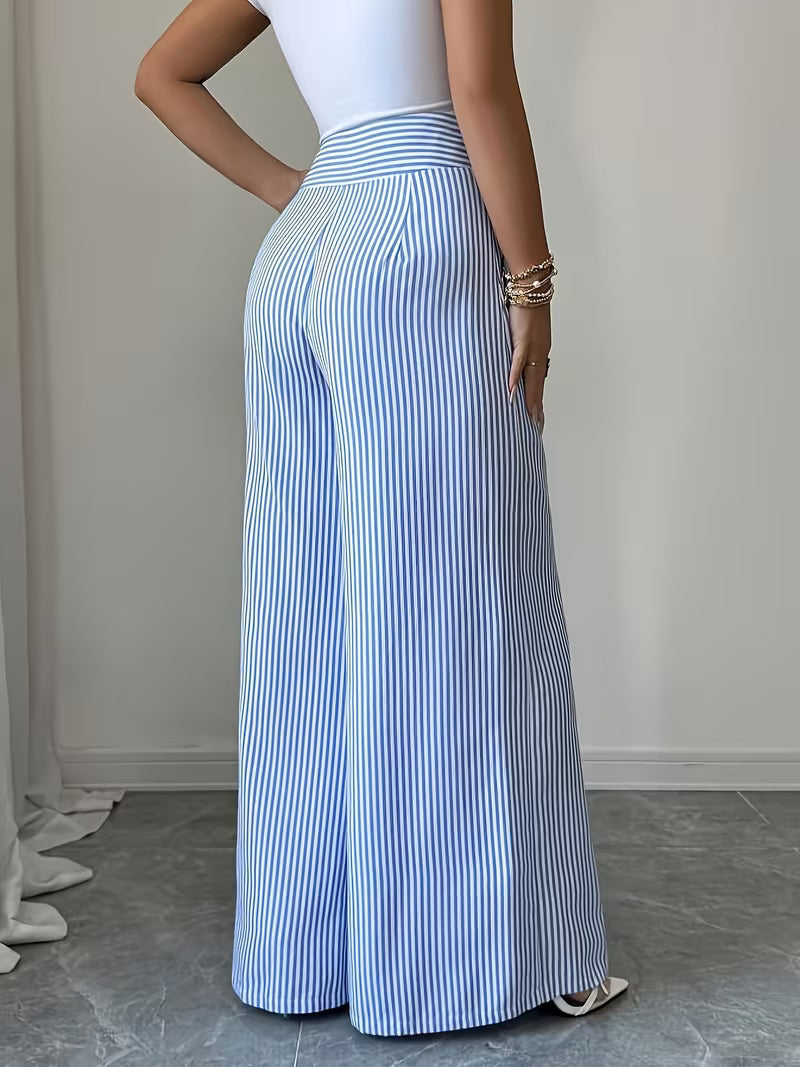 Women'S New Trousers Spring And Summer Fashion Easy Elegant Blue And White Striped Trousers, High Waist Straight Loose Casual Women'S Pants