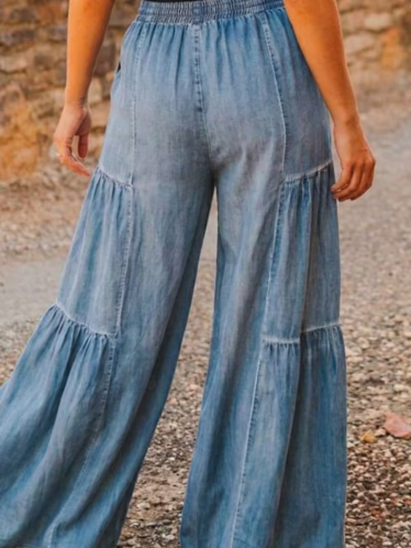[Printed Pants - Not Denim Fabric] Light Blue Drawstring Waist Multi-Layer Ruffled Faux Denim Wide-Leg Pants for Women | Vintage-inspired Relaxed Vacation-chic Piece, Perfect for Outdoor Outings, Casual Getaways, and Spring/summer Occasions.