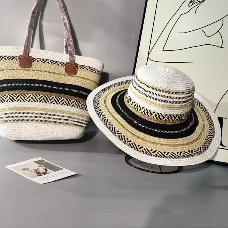 2pcs Set of Straw Hat and Woven Bag for Vacation Style, Sun Hat and Fashionable Tote Bag Set