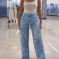 Guipure Lace Spliced High Waist Zipper Fly Wide Leg Washed Jeans