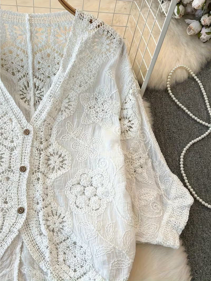 Women's Retro Korean Style V-Neck Lace Cardigan - Hollow-Out Detail, Loose Fit Lightweight Jacket for Spring Summer Fall, Solid Color Versatile Layering Top