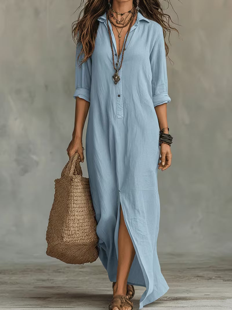 Women'S Summer Solid Lapel 3/4 Sleeve Midi Dress Front Split Casual Long Dress