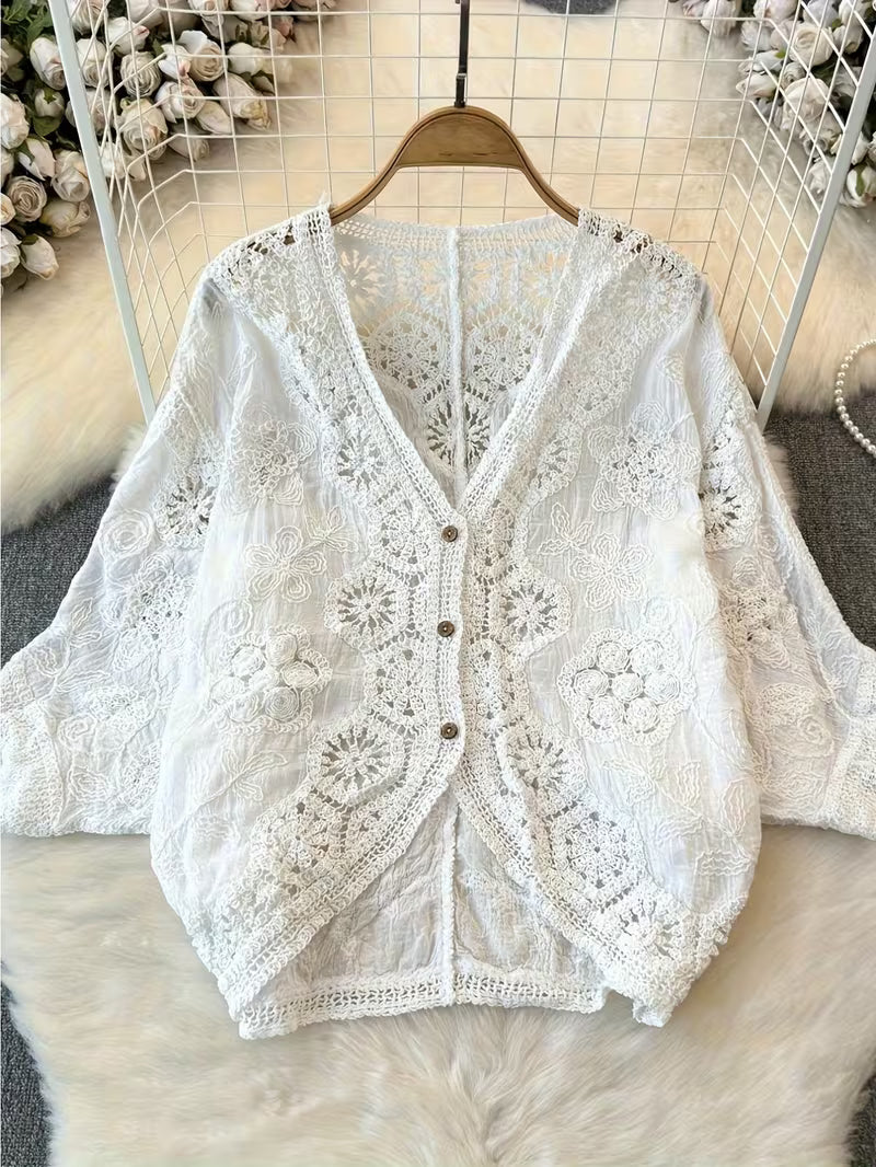 Women's Retro Korean Style V-Neck Lace Cardigan - Hollow-Out Detail, Loose Fit Lightweight Jacket for Spring Summer Fall, Solid Color Versatile Layering Top