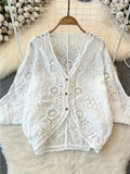 Women's Retro Korean Style V-Neck Lace Cardigan - Hollow-Out Detail, Loose Fit Lightweight Jacket for Spring Summer Fall, Solid Color Versatile Layering Top