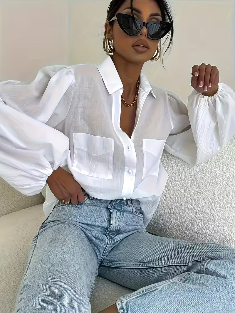 Ling Shuang Jiang BK0828006 Women'S Elegant Shirt - A White Collared Semi-Formal Top, Suitable for Both Casual And Formal Wear, Machine Washable, Versatile Solid Color Classic Button-Up, Made from Easy-Care Fabric
